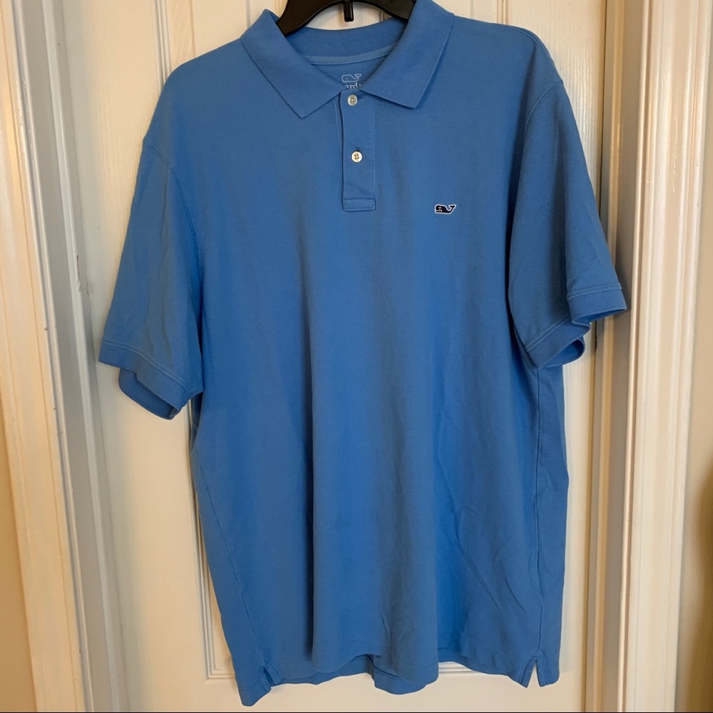 Mens XL FIT Vineyard Vines Light Blue Polo Shirt w/ Navy Whale Logo EUC No Flaws